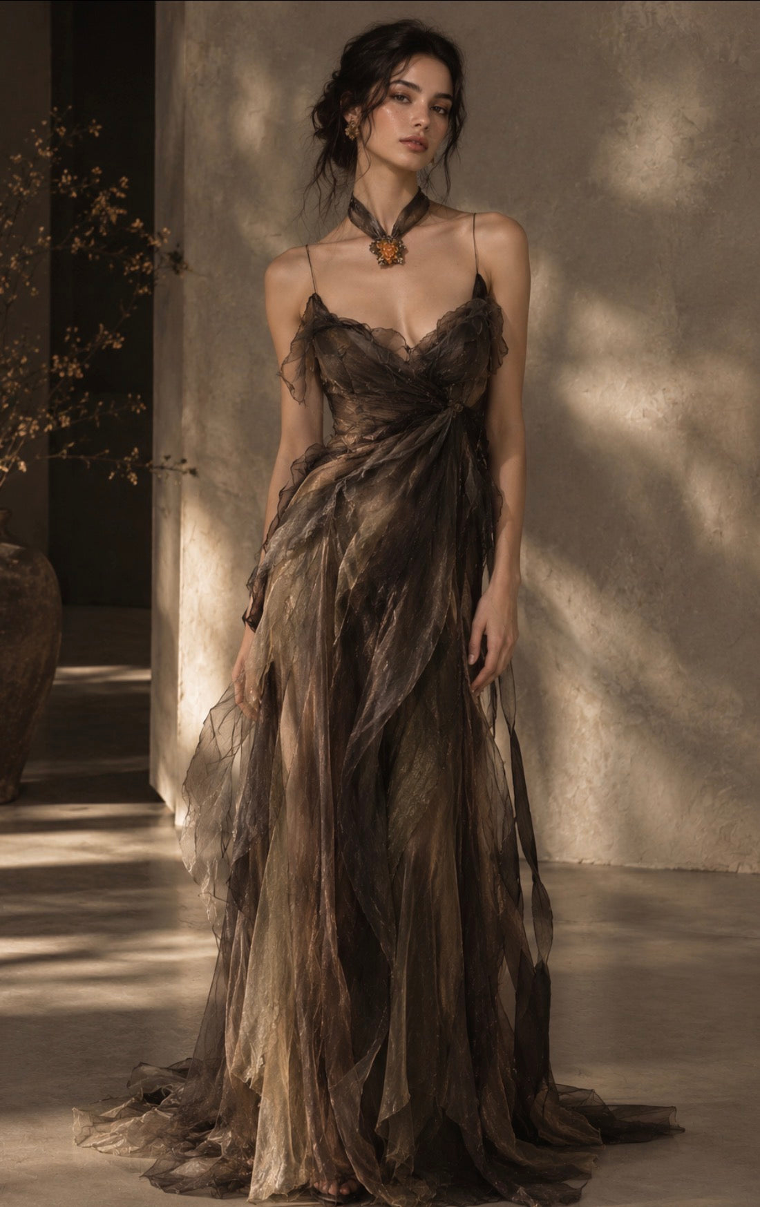 Model in a dark green gown wearing the REALONETARA Noble Lady green and gold liuli rose flower necklace.