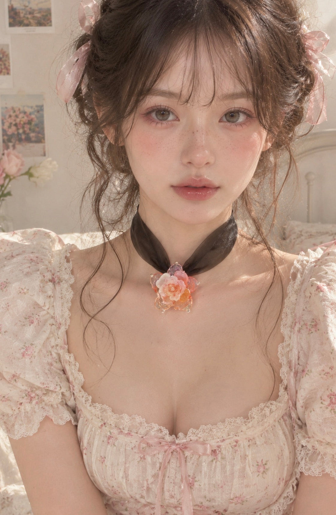 Model wearing REALONETARA’s Pink Lady pink Liuli rose necklace on black organza with a pale floral dress featuring lace trim, puff sleeves, and a small neckline bow.