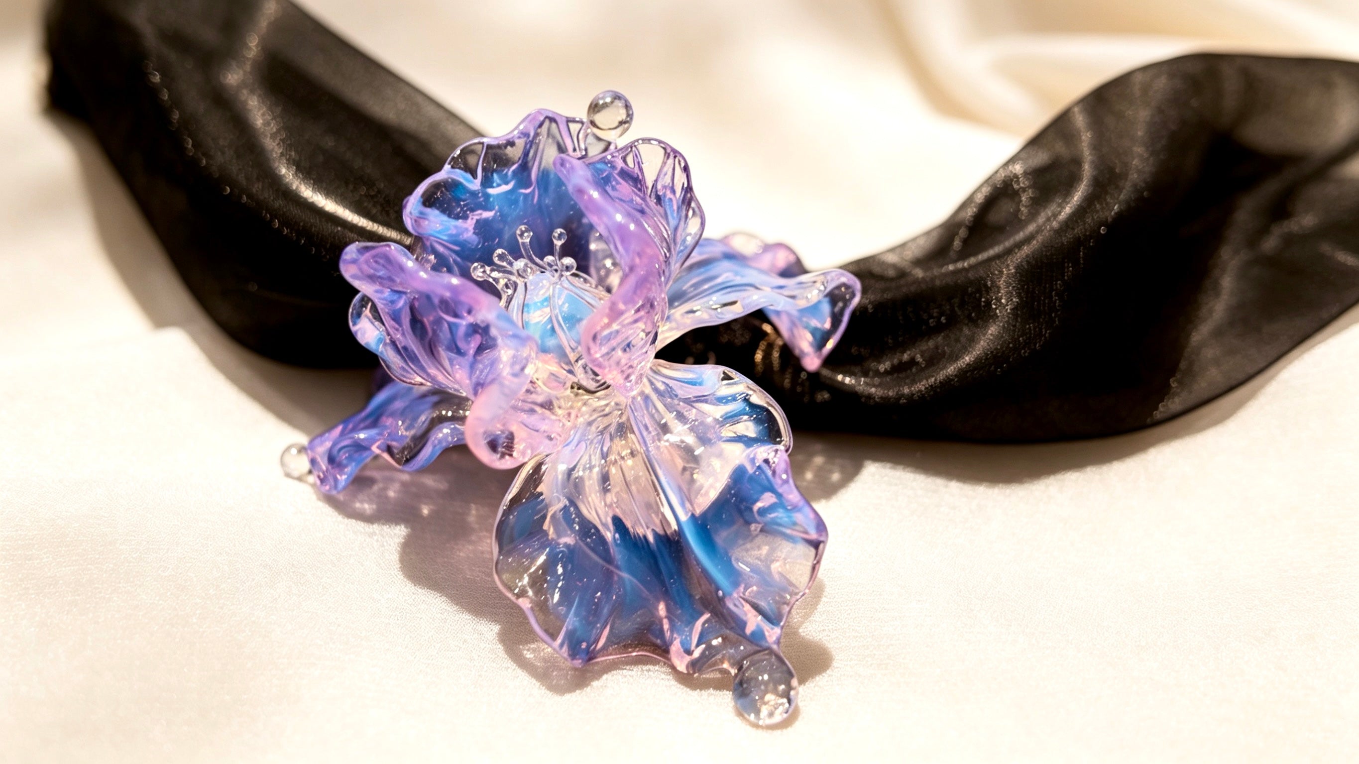 Liuli necklace iris flower purple blue enchantress handcrafted choker elegant, close-up on off-white background, necklace arranged in a curved form