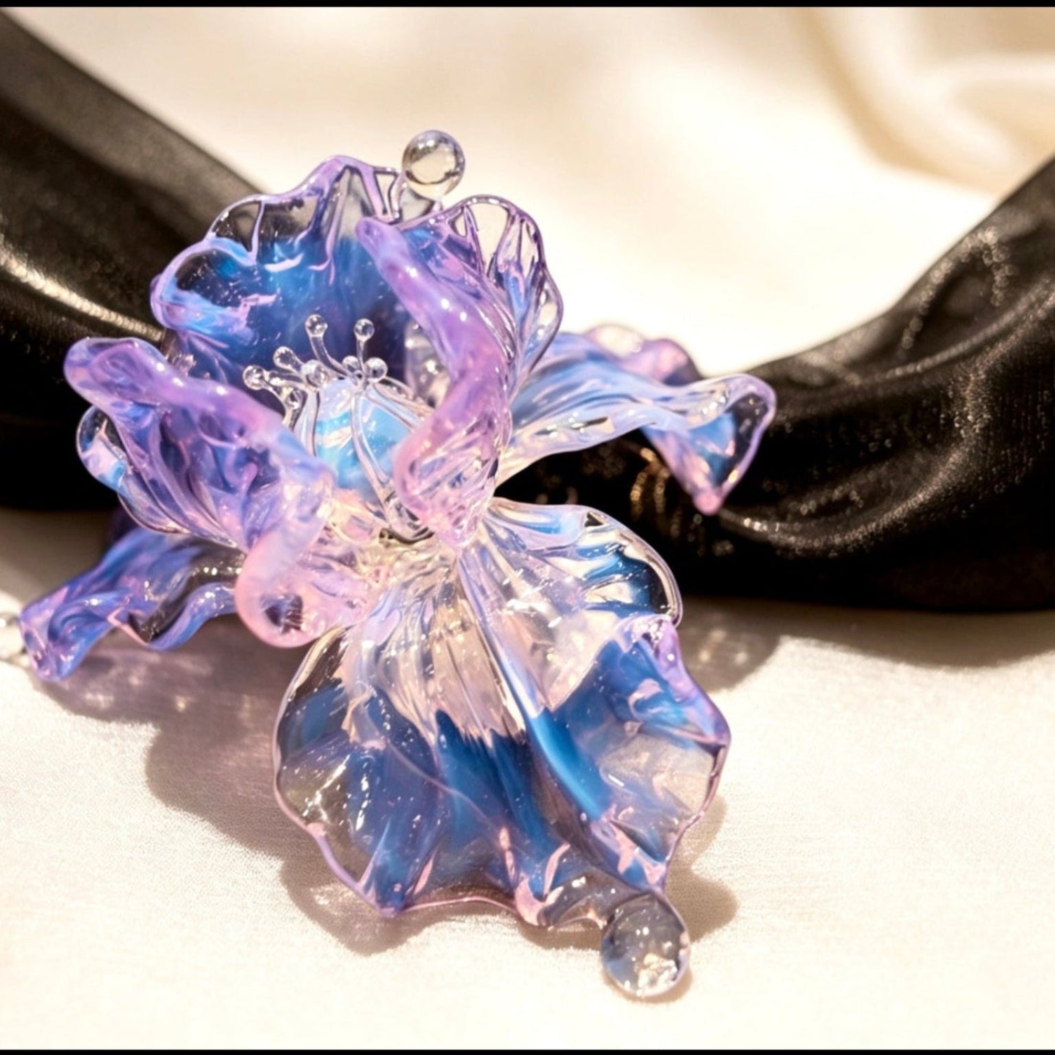 Liuli necklace iris flower purple blue enchantress handcrafted choker elegant, close-up on off-white background, necklace arranged in a curved form