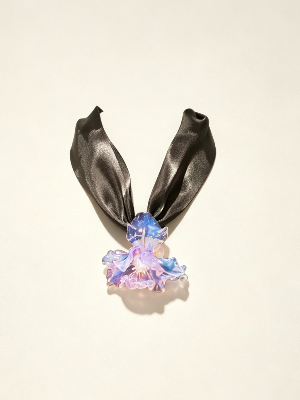Handcrafted purple Liuli glass iris choker necklace on white background, black organza ribbon chain with lobster clasp