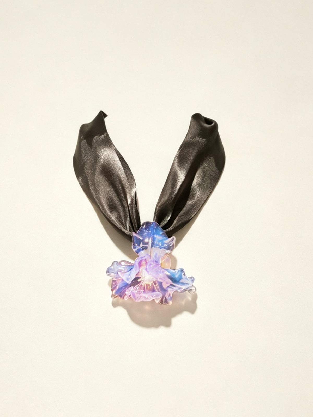 Handcrafted purple Liuli glass iris choker necklace on white background, black organza ribbon chain with lobster clasp