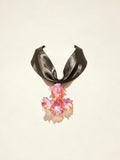 Handcrafted pink Liuli glass koi fish choker necklace on white background, black organza ribbon chain with lobster clasp