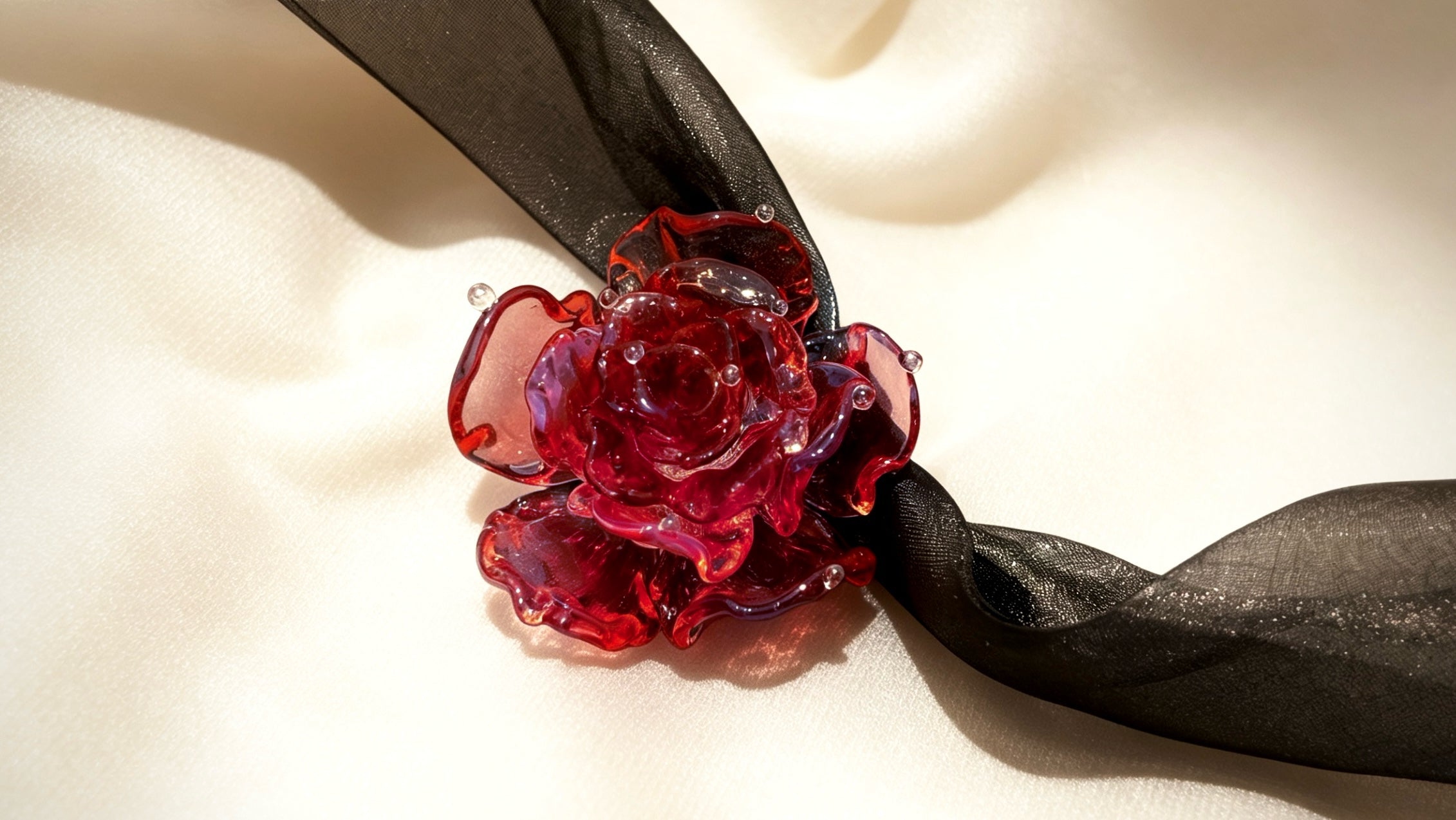 Magical Red Black Liuli Glass Rose Choker Necklace – front close-up on ivory background
