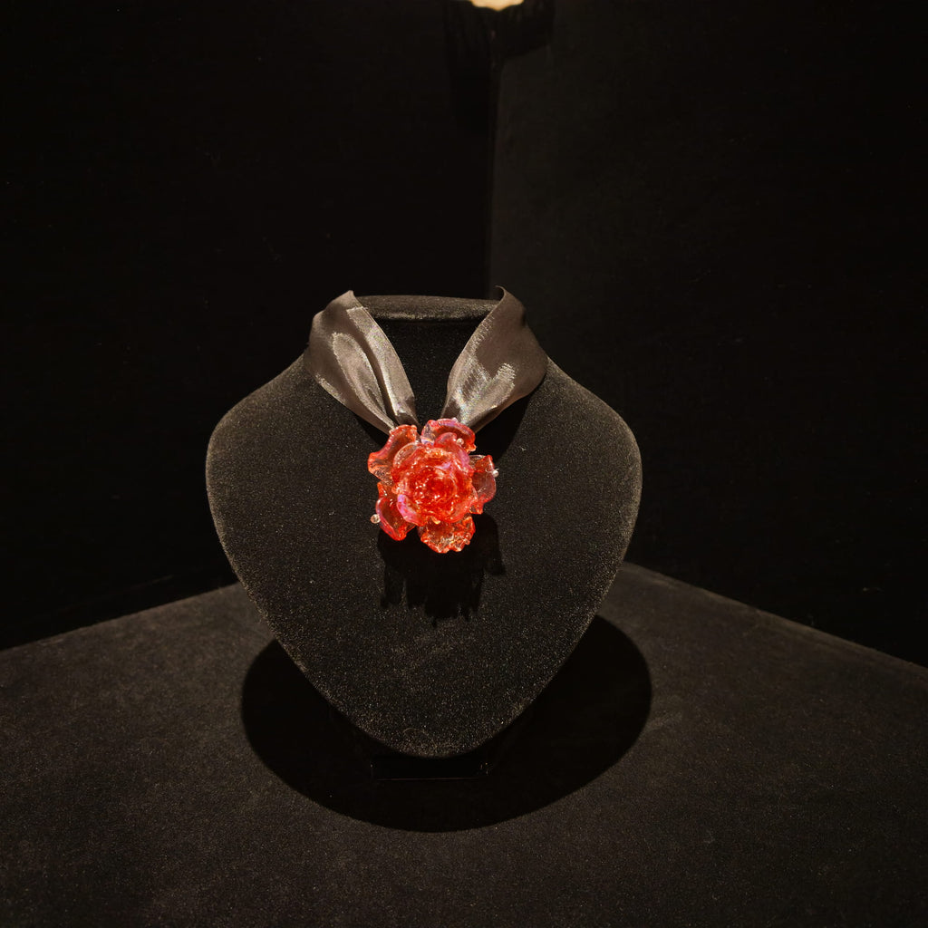 REALONETARA Magical Red Black Rose Flower Liuli necklace displayed on a black jewelry bust.
