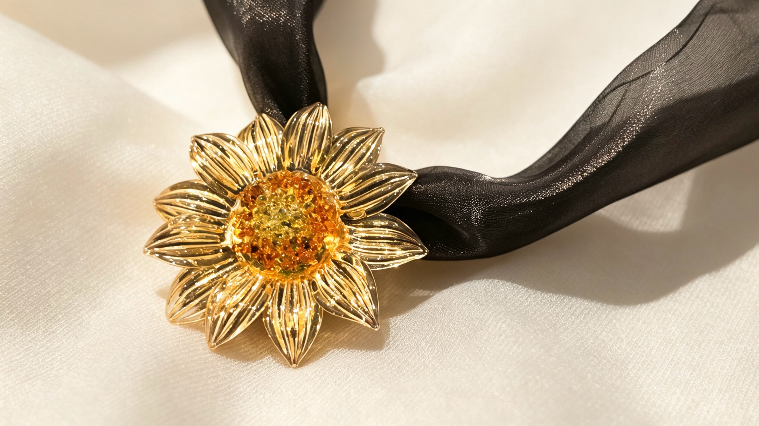 Handcrafted yellow Liuli glass sunflower choker necklace on ivory background — Youth Story by REALONETARA